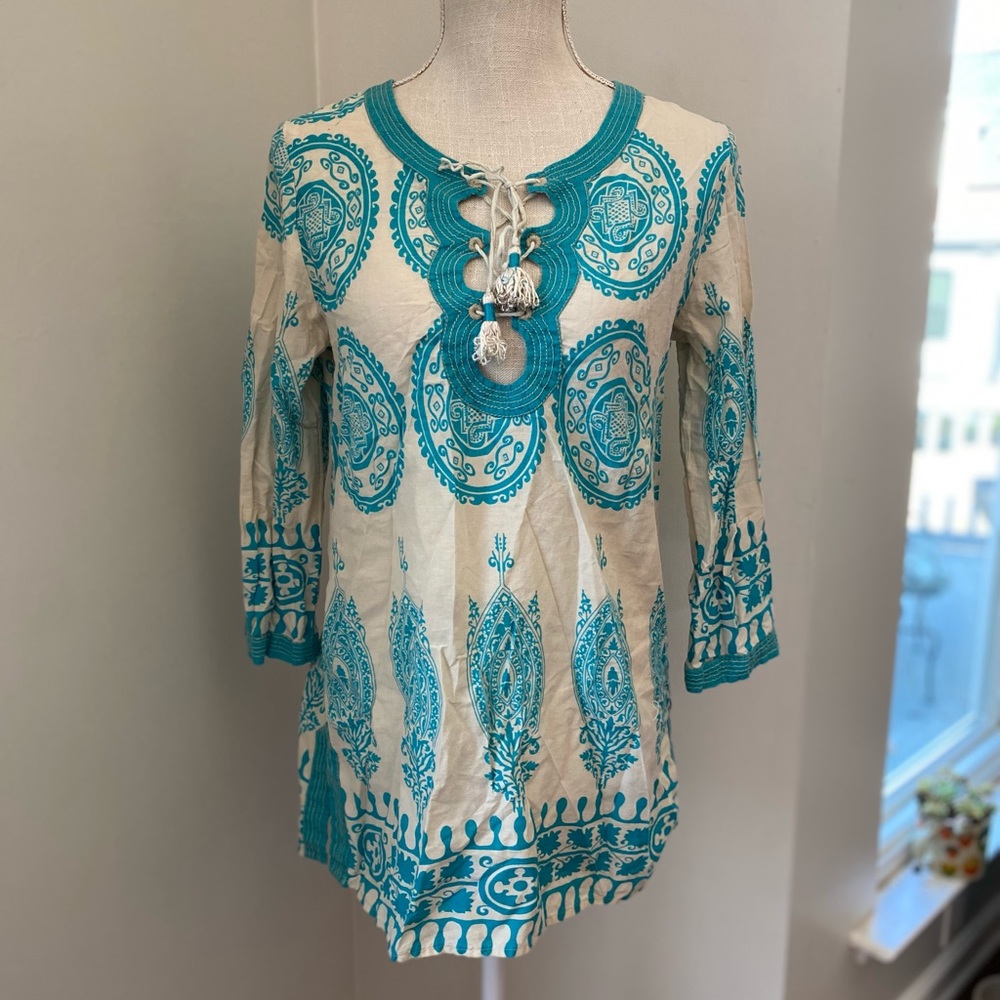 Calypso St. Barth Turquoise Cream Medallion Print Tunic Beach Cover w Front Tie